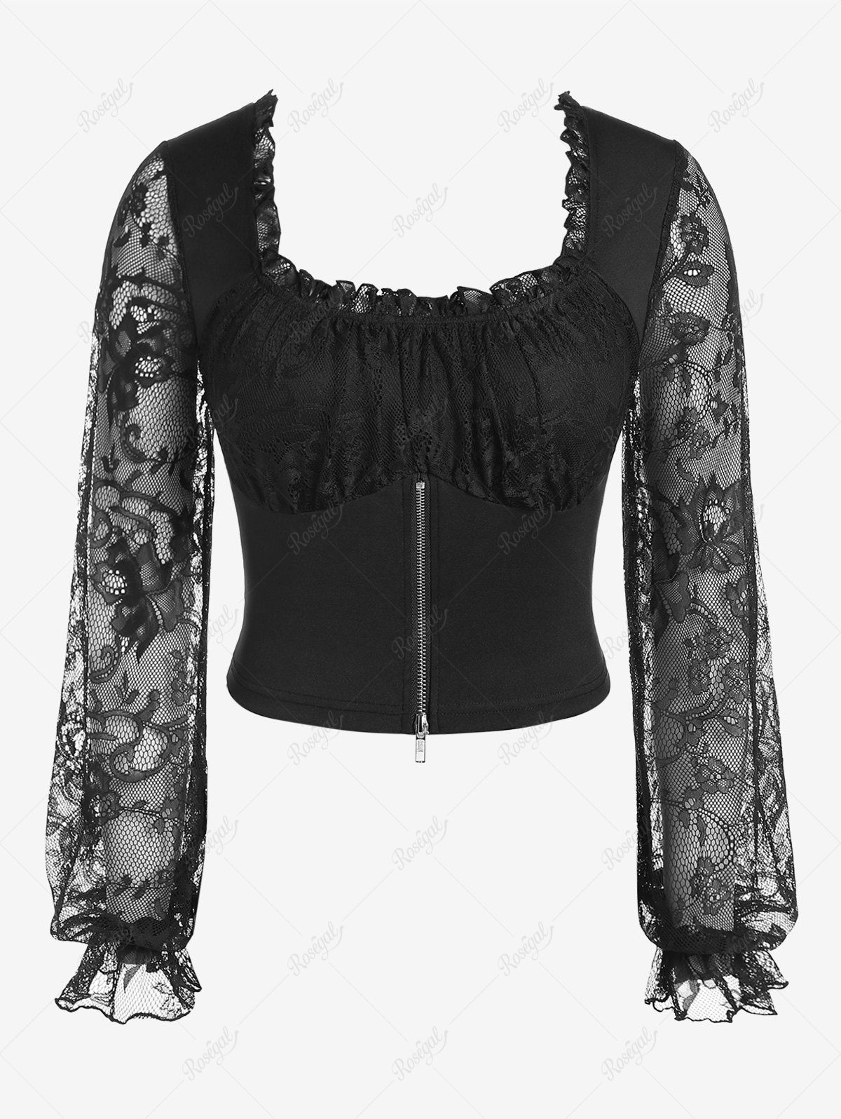 Unique Gothic Sheer Lace Panel Zip Front Frilled Top  