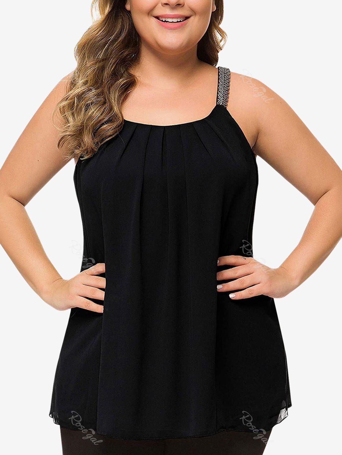 Hot Plus Size Beaded Shoulder Straps Pleated Detail Tank Top  