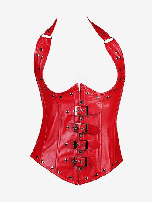 Outfit Gothic Halter Faux Leather Studs Buckle Boning Underbust Corset  