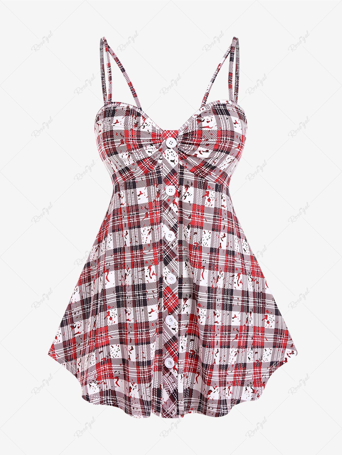 Hot Plus Size Plaid Backless Cami Top with Buttons  