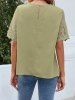 Embroidery Leaf Mesh Panel Plain Color Half Sleeve Casual Blouse -  