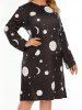 Robe Mi-Longue Trapèze à Col Rond à Imprimé Soleil Lune et Etoiles Grande-Taille - Noir 1XL