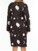 Robe Mi-Longue Trapèze à Col Rond à Imprimé Soleil Lune et Etoiles Grande-Taille - Noir 1XL