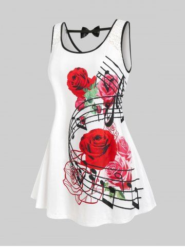 Plus Size Rose Musical Notes Lace Panel Bowknot Tank Top - WHITE - 3X