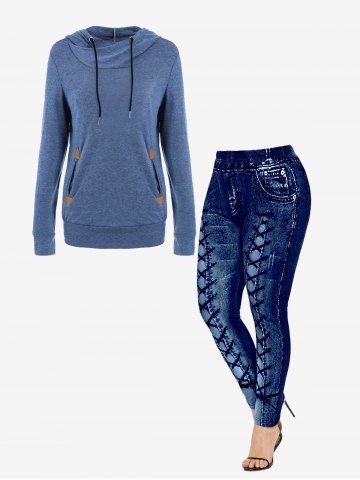 Drawstring Pullover Hoodie and High Waisted 3D Printed Leggings Plus Size Outerwear Outfit - BLUE
