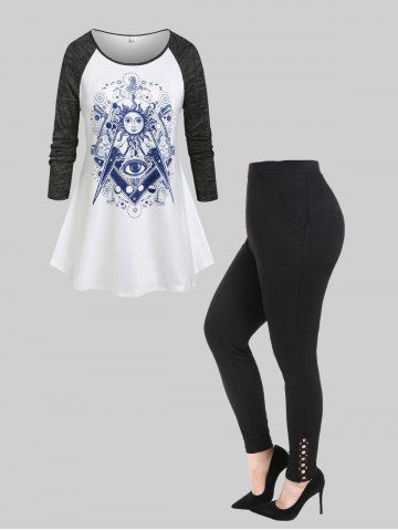 Sun Eye Print Raglan Sleeve T-shirt and Hollow Out High Rise Leggings with Pockets Plus Size Outfit - GRAY