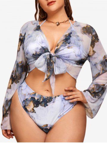 Plus Size Printed Halter Padded Bikini Swimsuit with Knot Cover Up Top - LIGHT PURPLE - 1XL