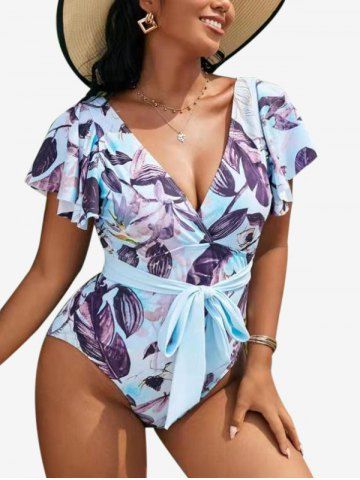 Plus Size Leaf Printed Flutter Sleeves Padded High Cut One-piece Swimsuit - PURPLE - L