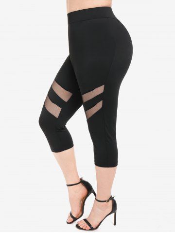 Plus Size Mesh Panel Skinny Pull On Capri Pants - BLACK - L | US 12