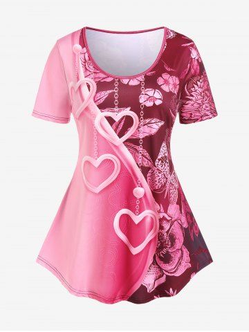 Plus Size Flower Heart Printed Short Sleeves Valentines Tee - RED - 4X | US 26-28