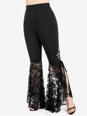 Plus Size Lace-up Cutout Lace Panel Slit Pull On Flare Pants