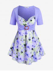 Plus Size Cottagecore O Ring Faux Twinset Floral Print Tee -  