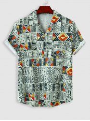 Tribal Geo Print Lapel Collar Short Sleeves Vacation Shirt -  