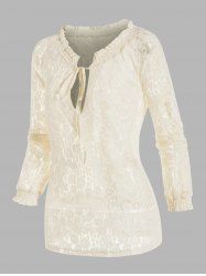 Flower Lace Ruffle Plunging Neck Long Sleeve Blouse -  