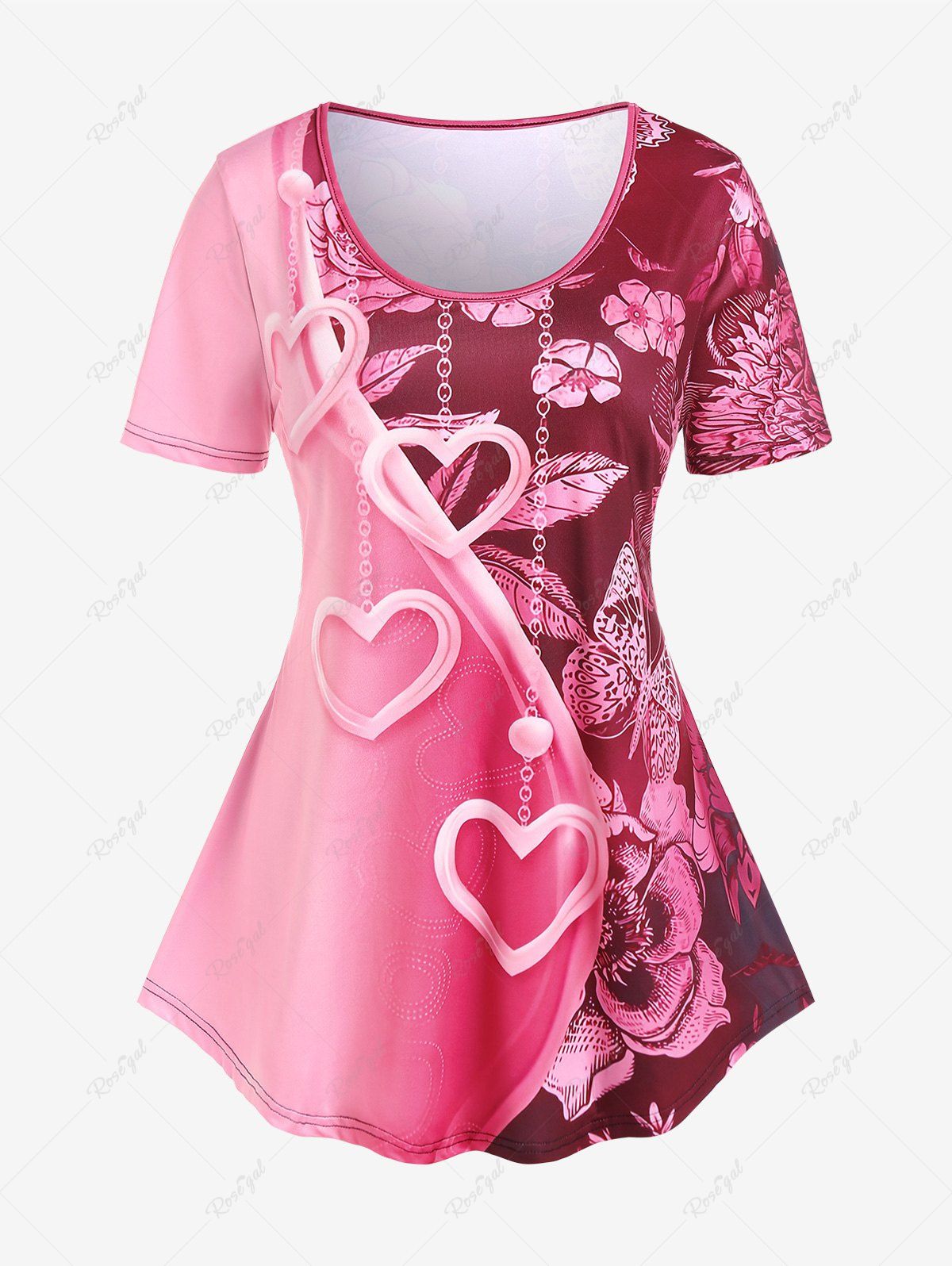 Fancy Plus Size Flower Heart Printed Short Sleeves Valentines Tee  