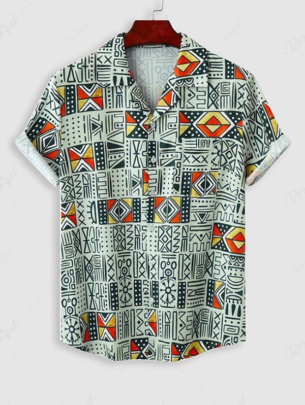 Unique Tribal Geo Print Lapel Collar Short Sleeves Vacation Shirt  