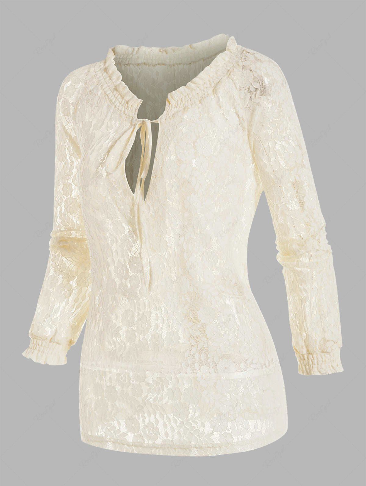 Shops Flower Lace Ruffle Plunging Neck Long Sleeve Blouse  