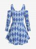 Plus Size Argyle Print Cold Shoulder T Shirt -  