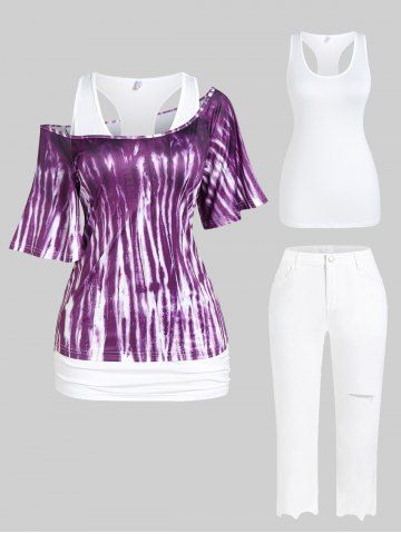 Plus Size Tie Dye Skew Neck Racerback Top Set and Ripped Capri Jeans Summer Outfit