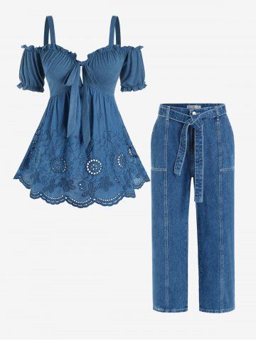 Plus Size Cold Shoulder Embroidery Scalloped Tee and Topstitching Belted Jeans Outfit - BLUE