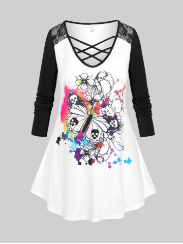 Plus Size Butterfly Splatter Paint Lattice Lace Panel Tee
