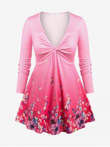 T-shirt Tordu Plongeant à Imprimé Fleuri en Couleur Ombrée de Grande Taille - LIGHT PINK - 1X