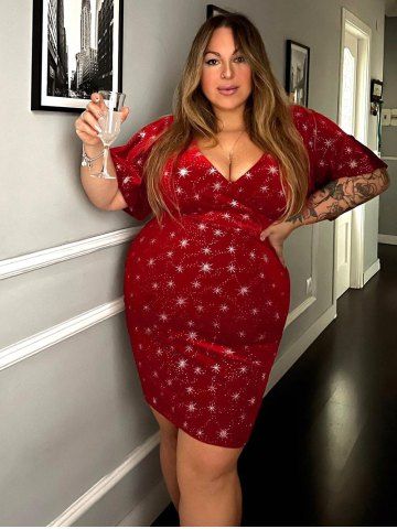 Plus Size Silver Stamping Bodycon Surplice Velvet Party Dress - RED - L | US 12