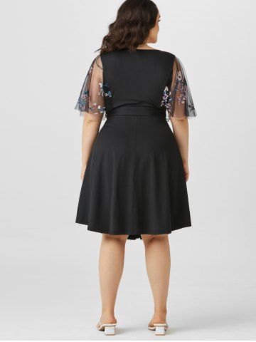 Plus Size & Curve Tulle Sheer Embroidered Sleeve Surplice Belted Dress