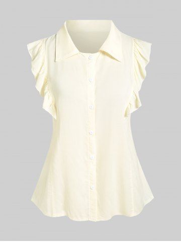 Plus Size Flounce Short Sleeves Solid Shirt - LIGHT YELLOW - 4XL