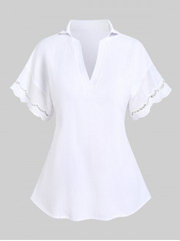 Plus Size Hollow Out Short Sleeves Solid Textured Blouse - WHITE - M