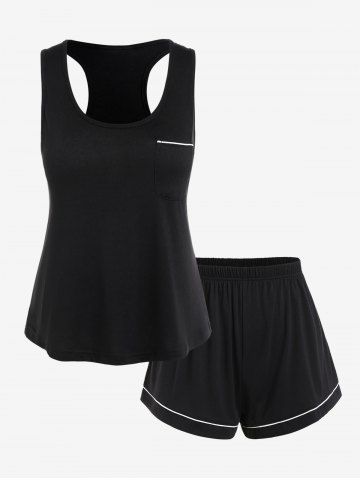 Plus Size Racerback Piping Trim Pocket Shorts Pajamas Set - BLACK - 1XL