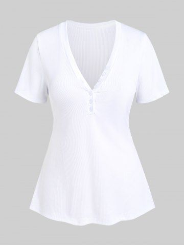 T-shirt Côtelé Boutonné à Col V de Grande Taille - WHITE - 2XL