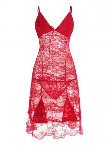 Hollow Out Flower Lace Panel Bowknot Crisscross Lingerie Dress And T Back Set - RED - M