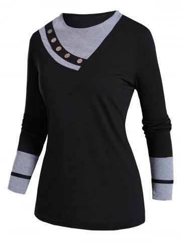 Contrast Colorblock Mock Button Round Neck Long Sleeve T Shirt - BLACK - M