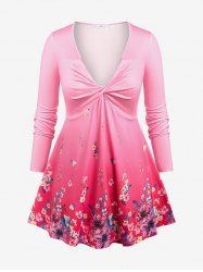 T-shirt Tordu Plongeant à Imprimé Fleuri en Couleur Ombrée de Grande Taille - Rose clair 1X