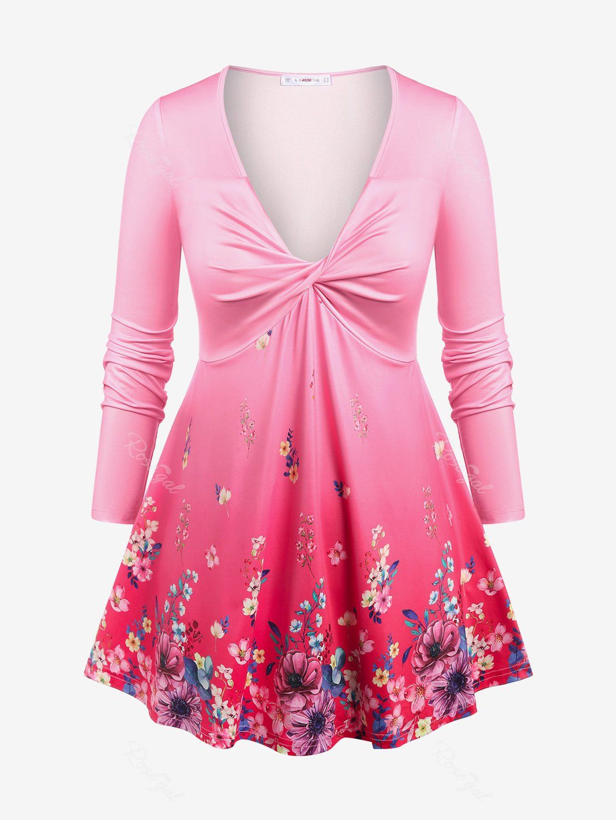 T-shirt Tordu Plongeant à Imprimé Fleuri en Couleur Ombrée de Grande Taille Rose clair 4X