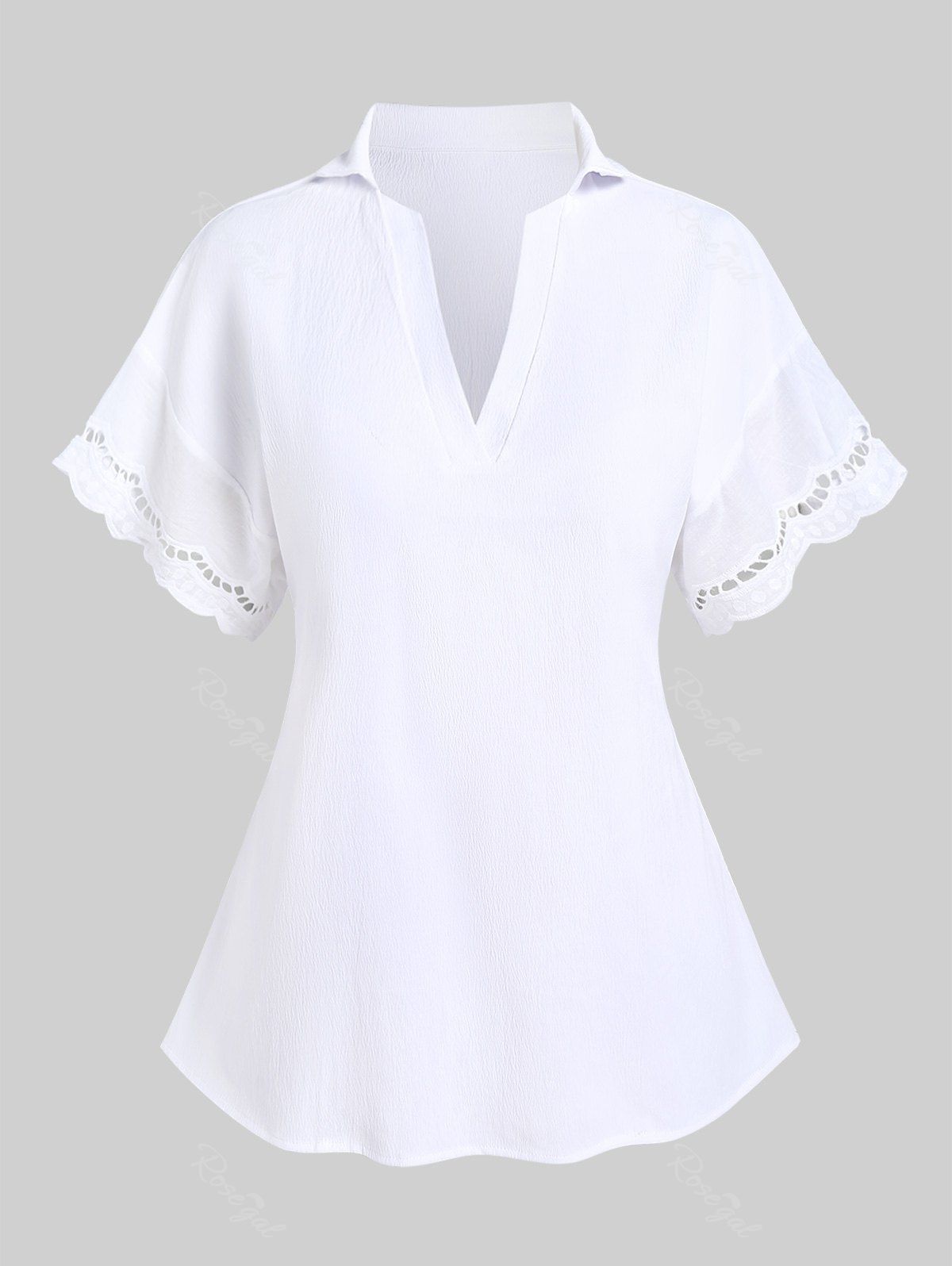 Online Plus Size Hollow Out Short Sleeves Solid Textured Blouse  