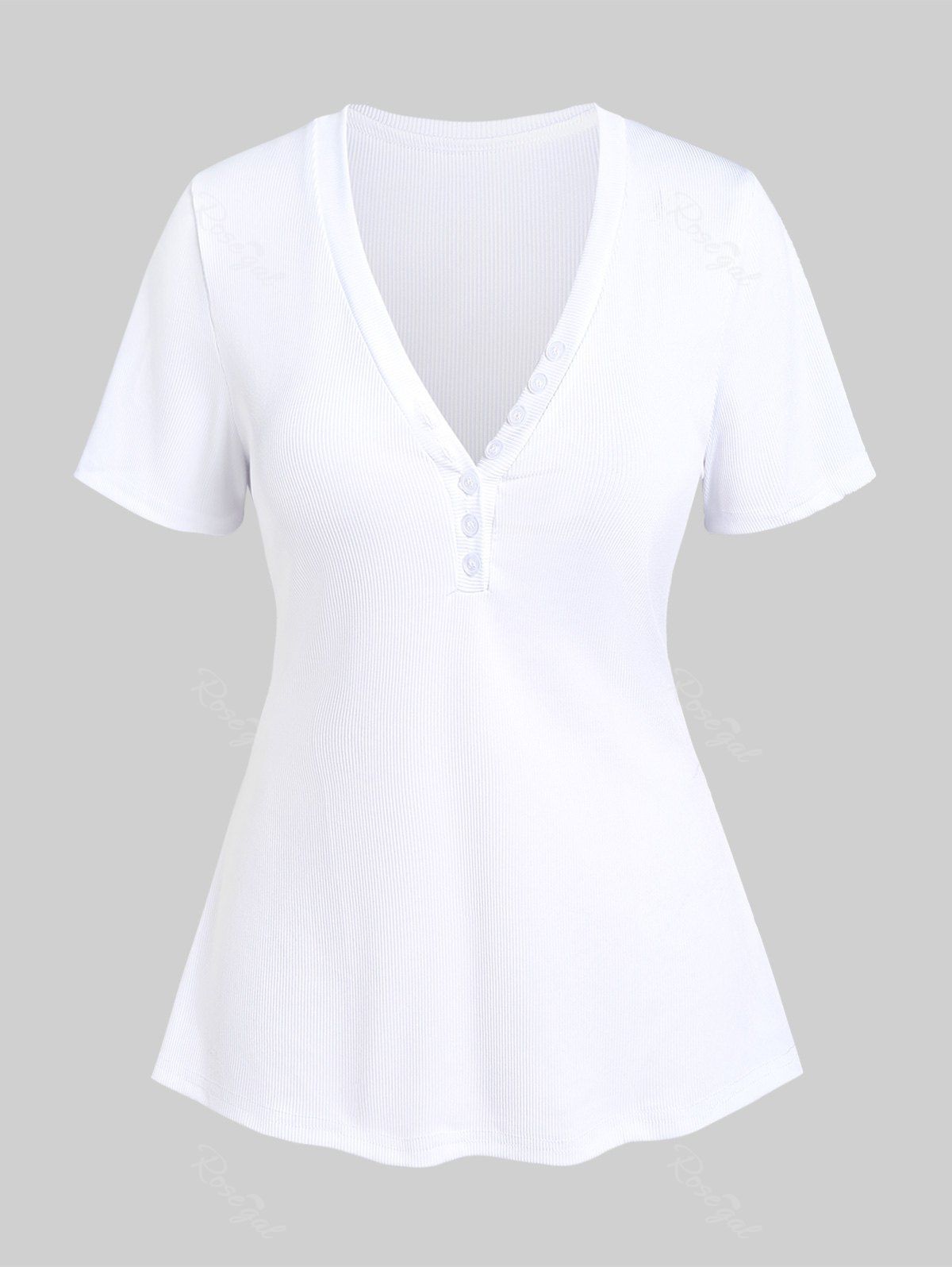 Online Plus Size Ribbed Buttons V Neck Tee  