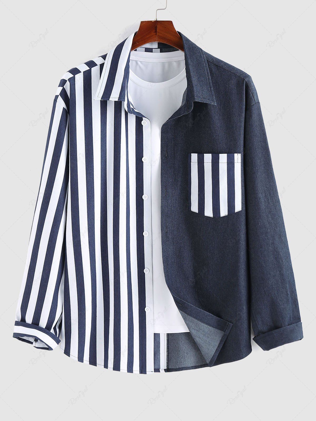Hot Striped Pattern Denim Spliced Long Sleeves Shirt  