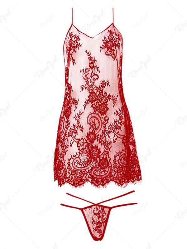 Outfit Sheer Flower Lace Backless Lingerie Set  