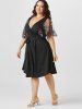 Plus Size & Curve Tulle Sheer Embroidered Sleeve Surplice Belted Dress -  