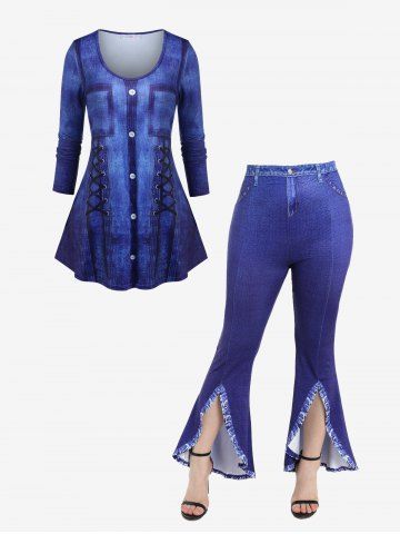 3D Denim Print Swing T-shirt and Front Slit Pants Plus Size Outfit - BLUE