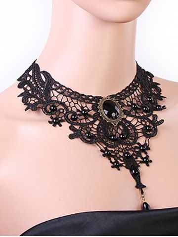 Gothic Steampunk Victorian Vintage Faux Crystal Decor Lace Choker Necklace