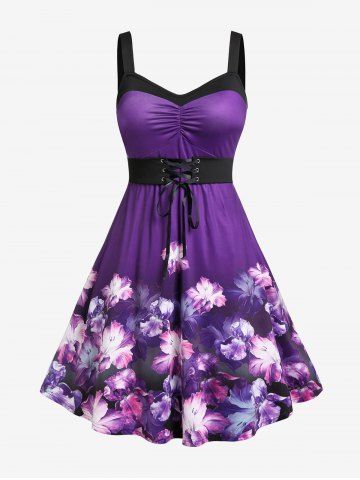 Plus Size Lace Up Watercolor Flower Printed Backless A Line Dress - PURPLE - 1X | US 14-16