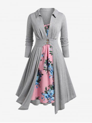 Plus Size Longline Top and Floral Midi Dress Set - GRAY - L | US 12