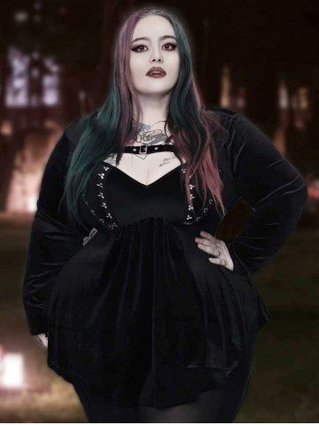 Gothic Cutout Buckle Grommet Long Sleeves Velvet Tee - BLACK - M | US 10