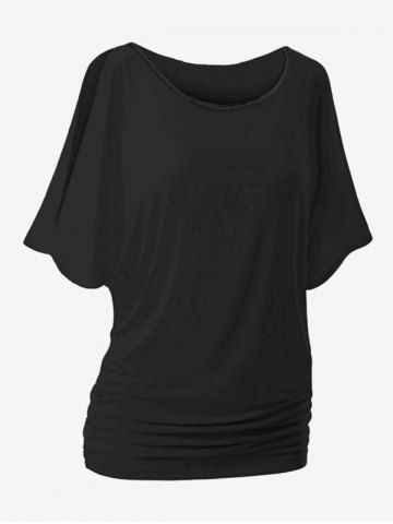 T-shirt Plissé Fendu de Grande Taille à Demi-Manches - BLACK - 2XL
