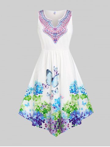 Plus Size & Curve Floral Butterfly Print Asymmetric Dress - WHITE - 4X