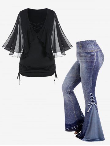 Plunge Sheer Mesh Bell Sleeve Crisscross Tee and Pull On Flare Pants Plus Size Summer Outfit - BLACK