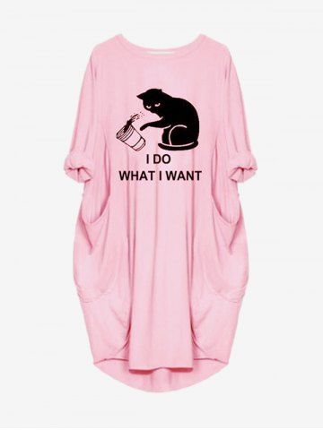Plus Size I DO WHAT I WANT Cat Graphic Patch Pocket Tee Dress - LIGHT PINK - L